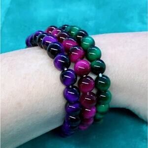 Boho Resin Faux Stones Green, Ruby, Purple Tiger Eye Bead Stretchy Stackable...